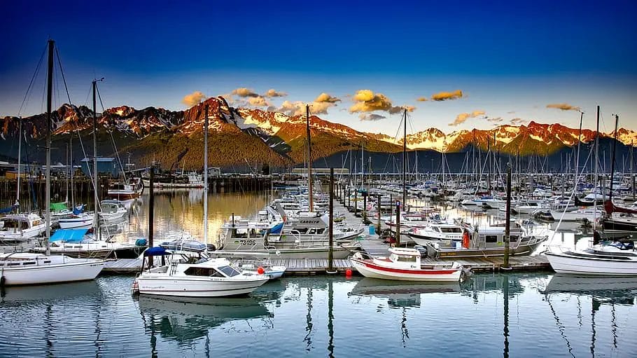 boats in a harbor with mountains in the background