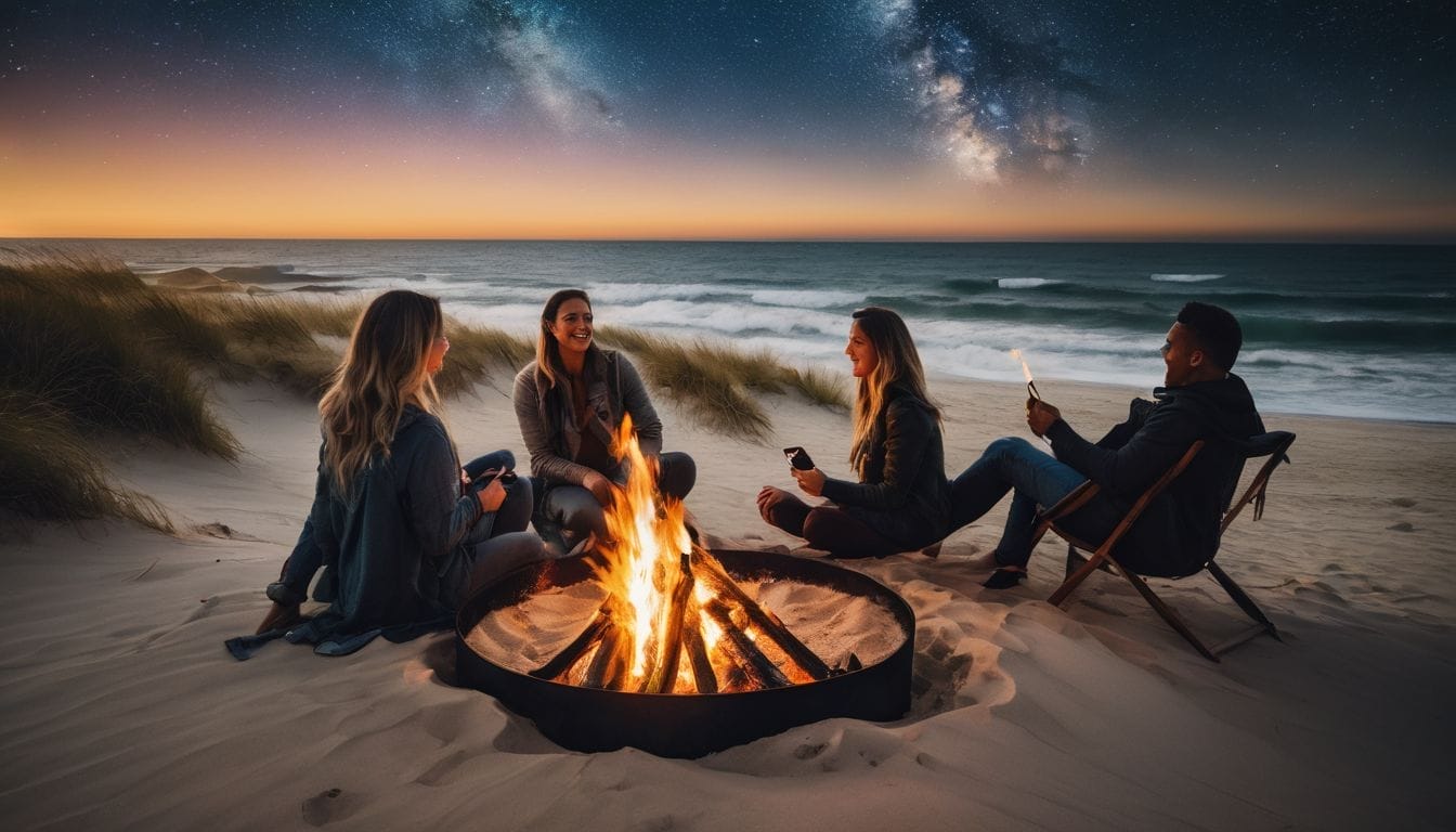 A photograph of a lively beach bonfire surrounded by a starry sky and sandy dunes.