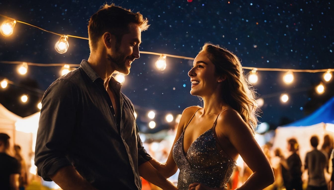 A couple dances under the starry sky at an outdoor music festival, captured in a vibrant and cinematic photograph.
