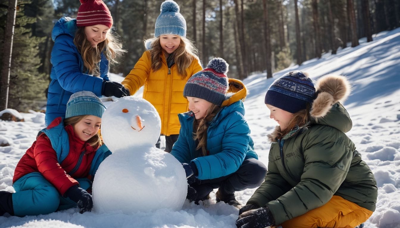 A group of children building a snowman in the snowy mountains.
