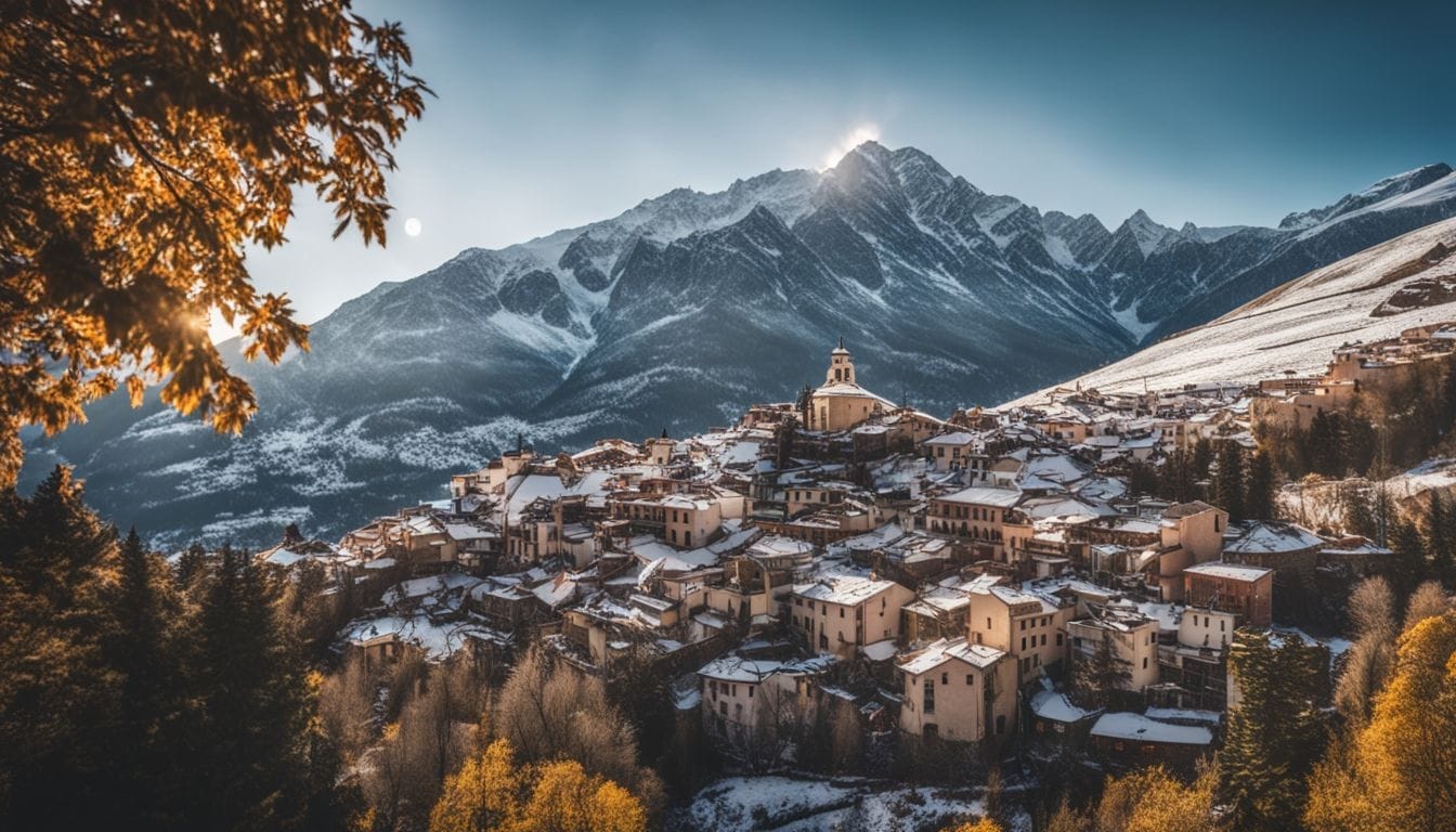 A scenic photo of a snow-covered mountain peak overlooking a Spanish village.