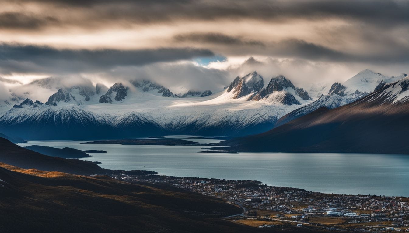 A panoramic view of snow-capped mountains in Ushuaia, Argentina.