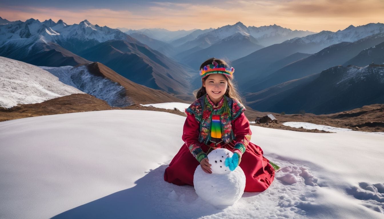 A young girl in traditional Bolivian clothing builds a snowman in the mountains.