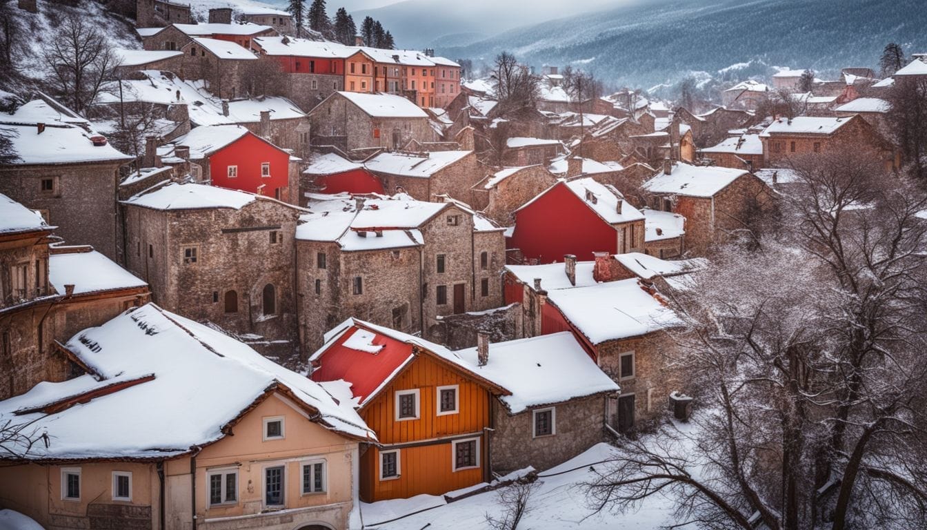 Snow-covered rooftops of red-roofed houses in a Croatian winter village.