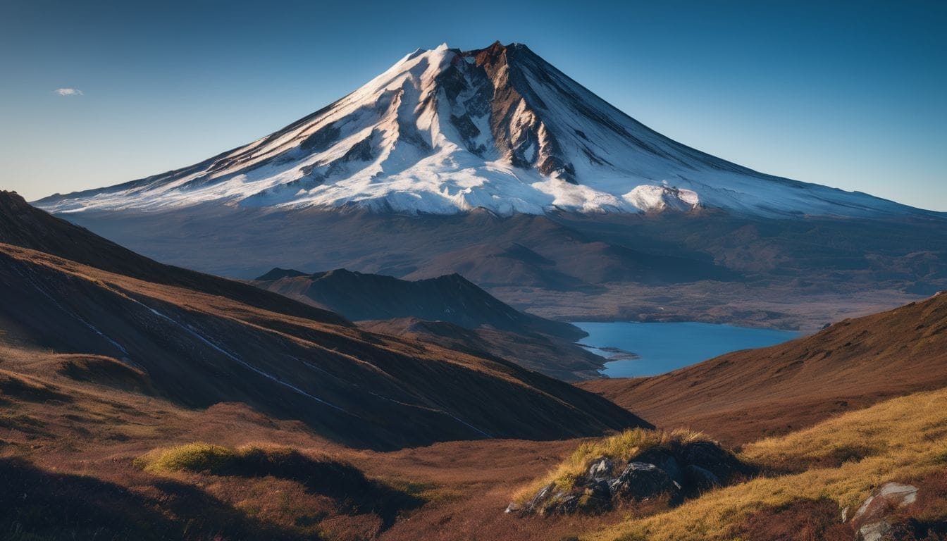 A stunning photo of a snow-capped volcano against a vibrant blue sky.