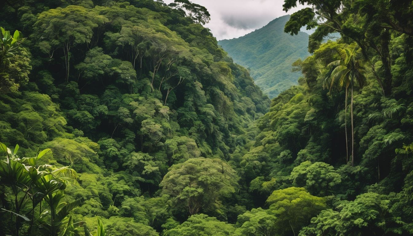 A photo of a lush tropical forest in Jamaica with diverse people.