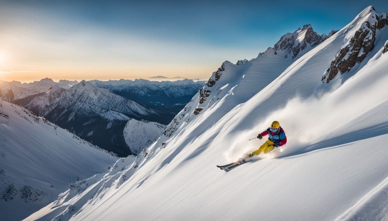 A skier racing down snow-covered mountains in a bustling atmosphere.
