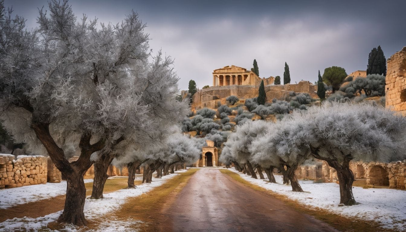 Snow-covered olive trees stand against ancient ruins in a bustling landscape.