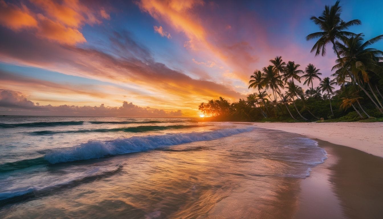 A vibrant beach sunset with people enjoying the tropical atmosphere.