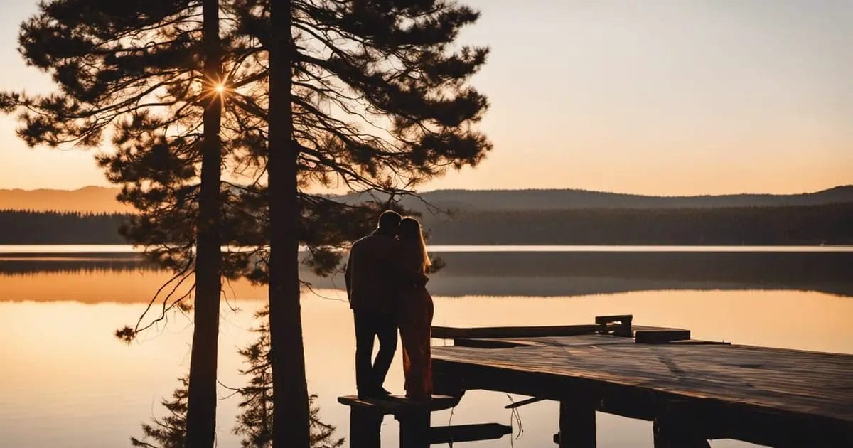 a couple standing on a dock by the Big Bear Lake