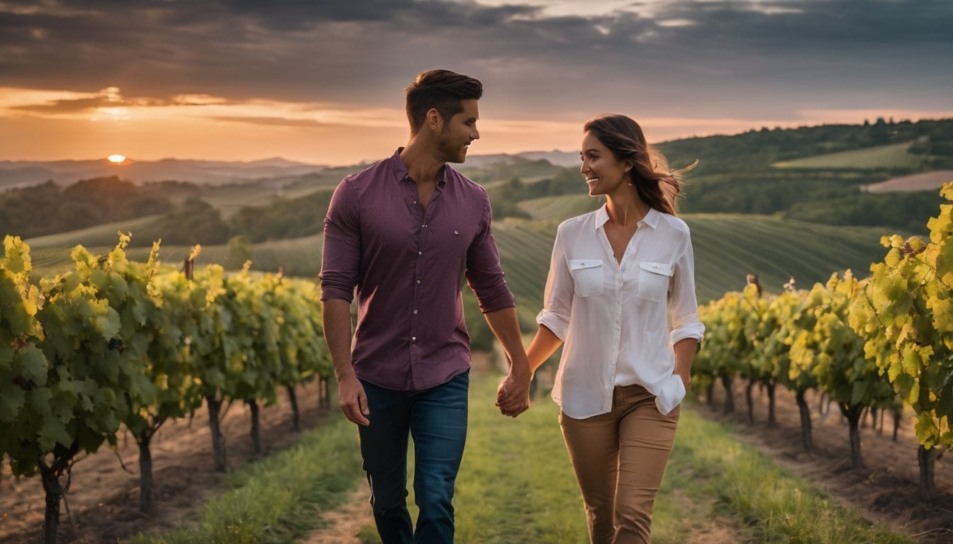 A couple walks hand in hand through a beautiful vineyard at sunset.