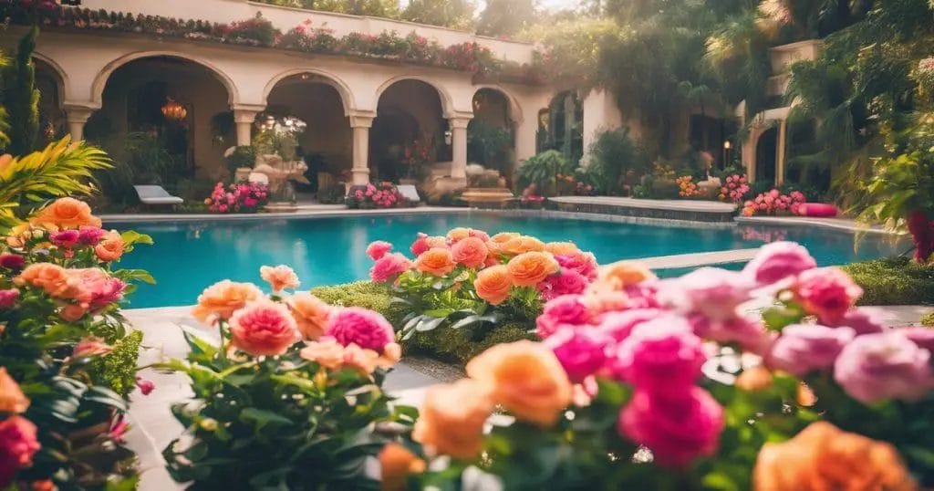 A photo of a luxurious villa with a charming flower pool